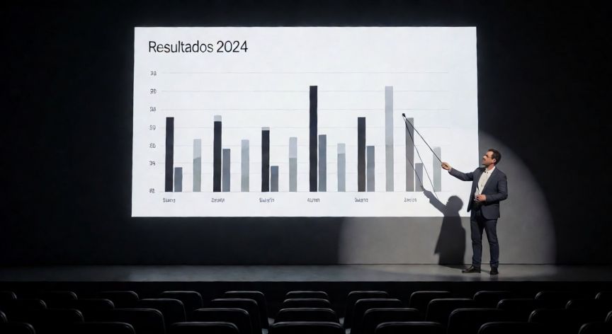 como crear diapositivas en powerpoint, Presentador mostrando una diapositiva con gráfico de barras en una sala de conferencias