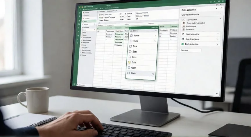 Pantalla de Excel mostrando la creación de una lista desplegable con el diálogo de validación de datos abierto