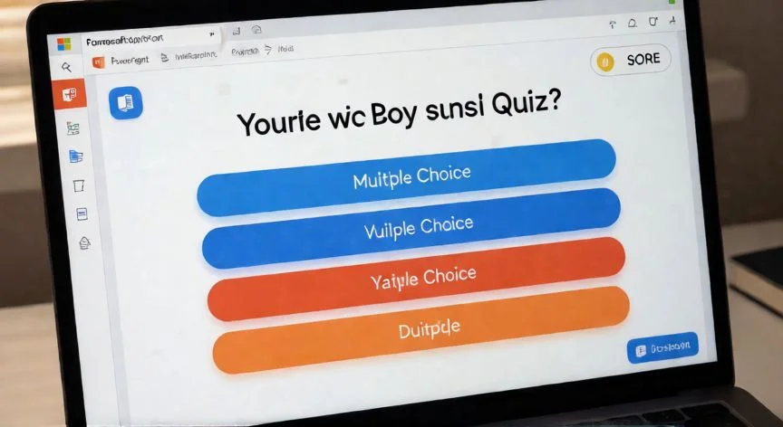 Pantalla de portátil mostrando un juego de quiz interactivo creado en PowerPoint con botones de respuesta de colores