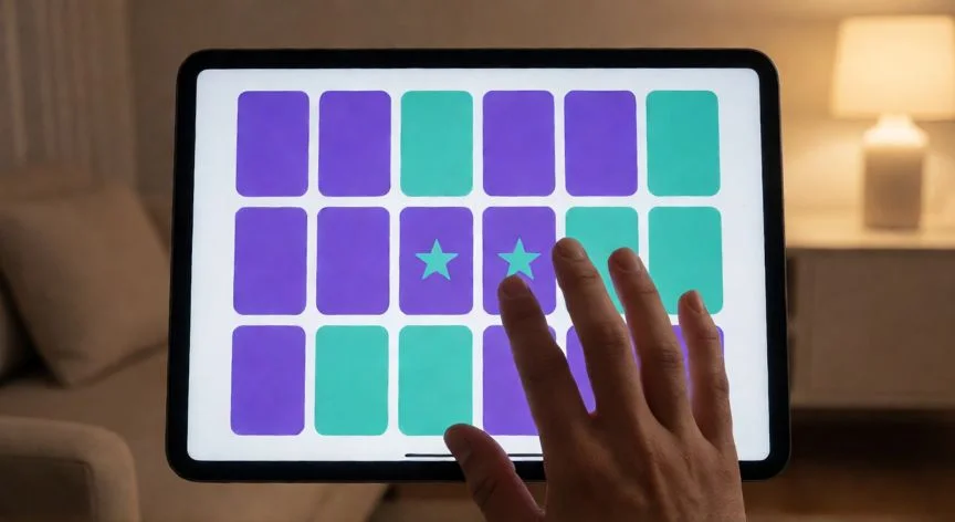 como crear juegos en powerpoint, Manos jugando un memorama digital en una tableta con cartas púrpura y turquesa, dos cartas reveladas con estrellas coincidentes