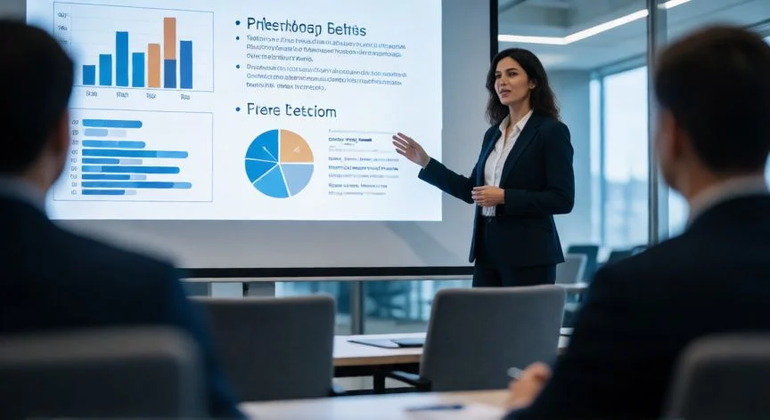 como crear una presentación en powerpoint, Profesional presentando una diapositiva con gráficos en una sala de conferencias moderna