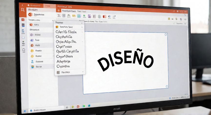 como curvar texto en powerpoint 2016, Interfaz de PowerPoint 2016 mostrando el menú Transformar Texto con opciones de curvatura