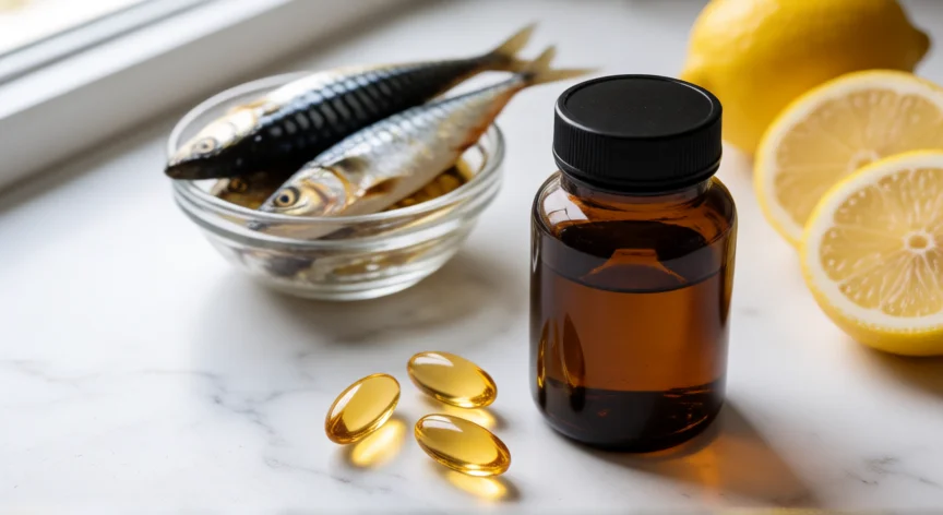 como debe ser el mejor omega 3, Botella oscura de Omega 3 con cápsulas y pescados pelágicos de fondo sobre mármol blanco