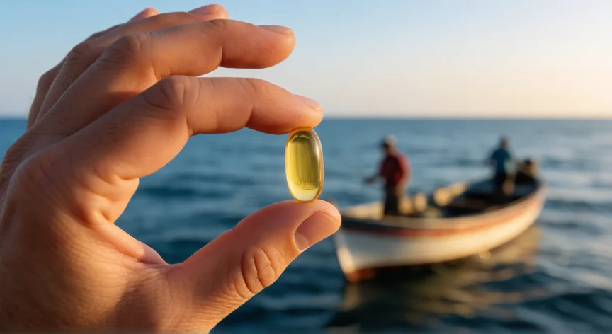 como debe ser el mejor omega 3, Cápsula de Omega 3 en la mano con mar y barco de pesca de fondo al atardecer
