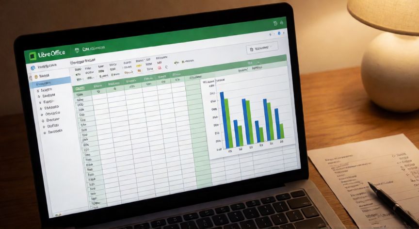 como descargar excel gratis, Portátil con LibreOffice Calc mostrando una hoja de cálculo de presupuesto