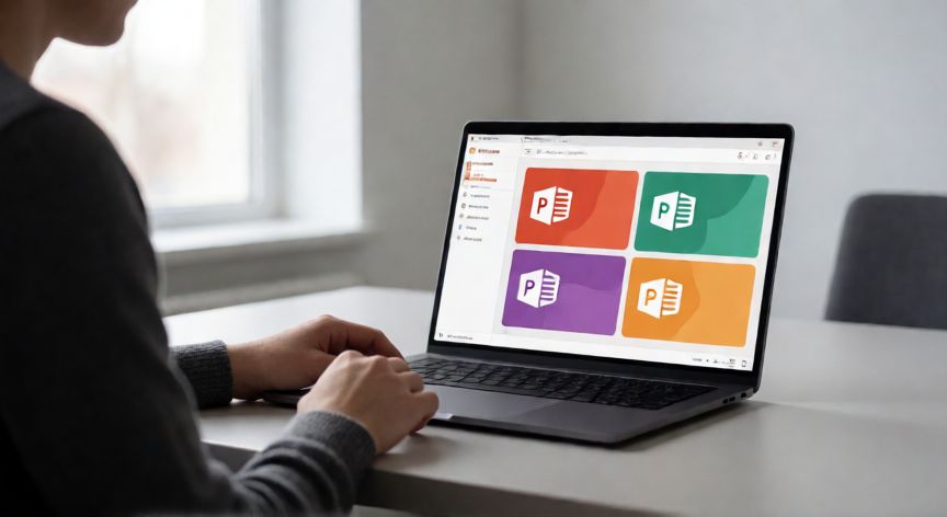 como descargar powerpoint, Persona descargando Microsoft PowerPoint desde la página oficial en su portátil