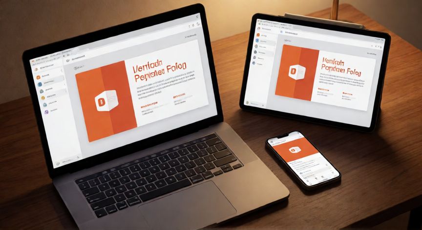 como descargar powerpoint, Dispositivos con PowerPoint instalado: portátil, tablet y móvil mostrando una presentación