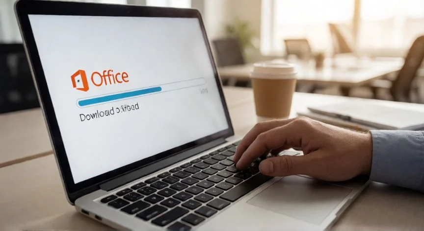 como descargar powerpoint en la pc, Personas descargando e instalando Microsoft Office en un portátil