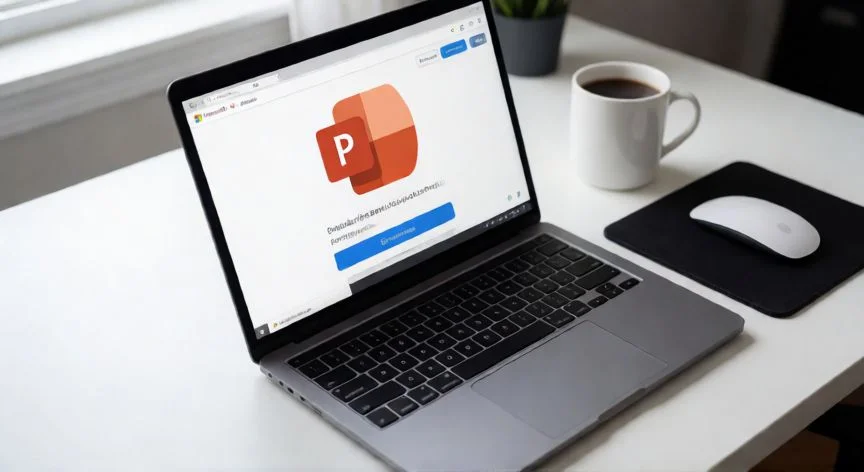como descargar powerpoint en laptop, Laptop mostrando la página de descarga de Microsoft PowerPoint con el botón de instalar visible