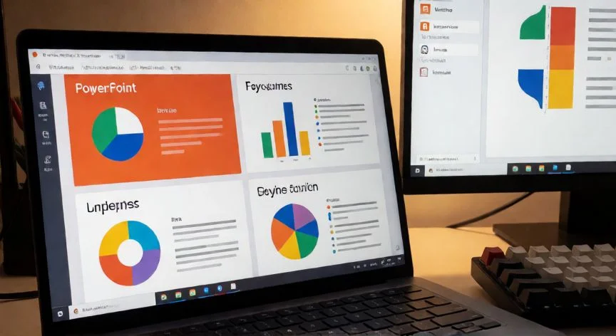 como descargar powerpoint en laptop, Comparación en pantalla de PowerPoint y LibreOffice Impress en un escritorio de trabajo