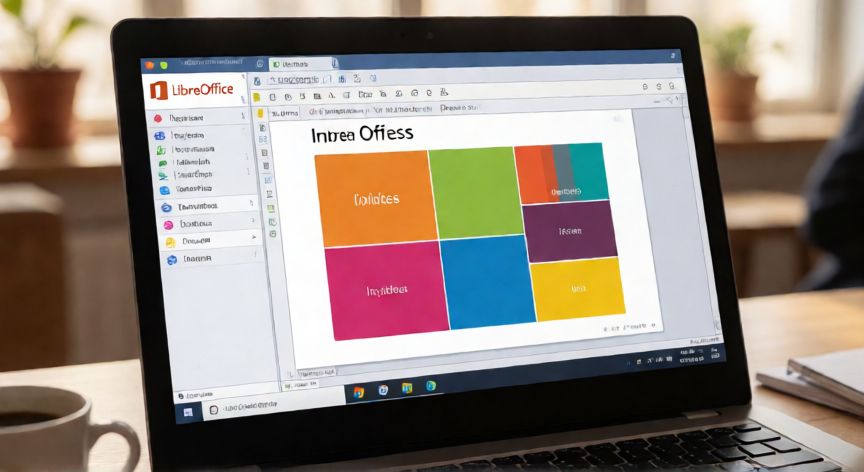 como descargar powerpoint en windows 7, LibreOffice Impress abierto en un portátil con Windows 7 editando una presentación