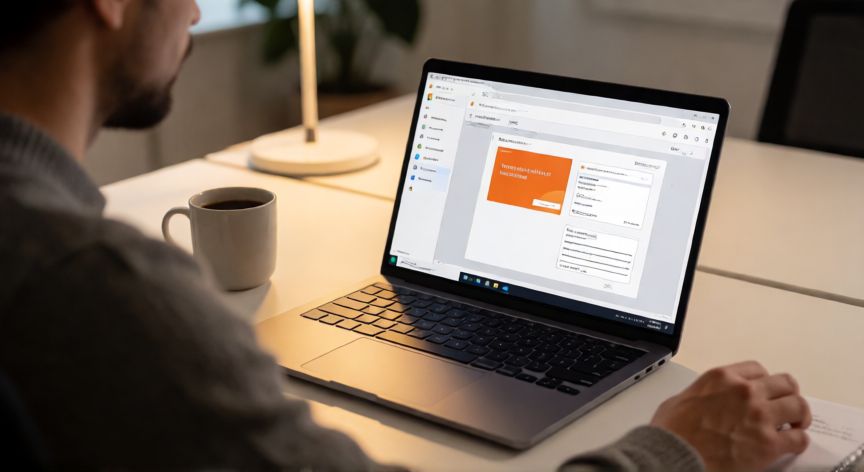 como descargar powerpoint gratis, Persona usando PowerPoint en la versión web desde un portátil