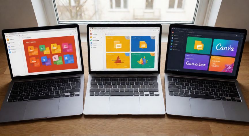 como descargar powerpoint gratis, Tres ordenadores mostrando alternativas gratuitas a PowerPoint: LibreOffice, Google Slides y Canva