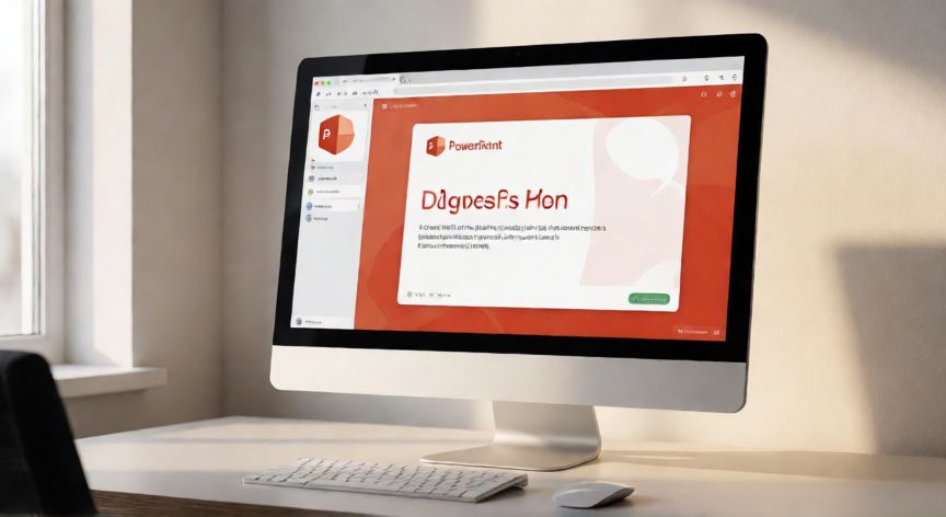 como descargar powerpoint gratis para pc, Ordenador de escritorio con la interfaz web de PowerPoint abierta en el navegador