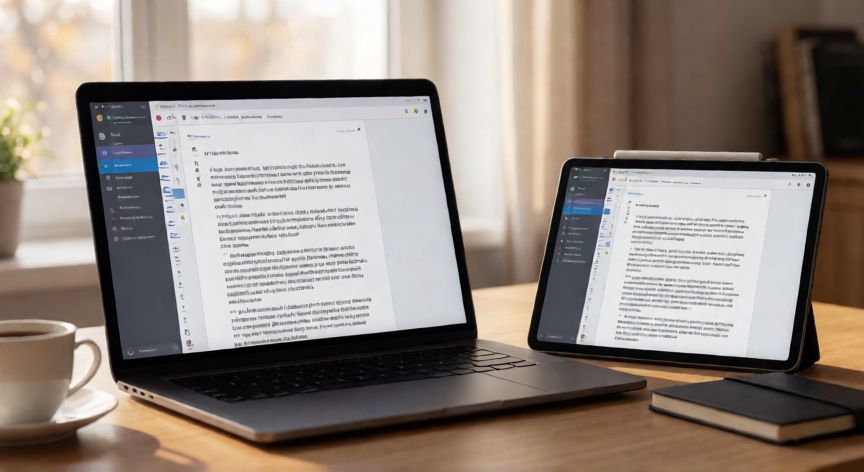 como descargar word gratis, Escritorio con portátil y tablet mostrando un documento de texto en procesador de palabras