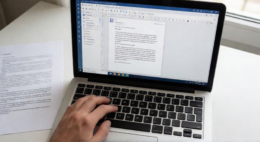 como descargar word gratis, Manos escribiendo en un portátil con un procesador de texto abierto en pantalla