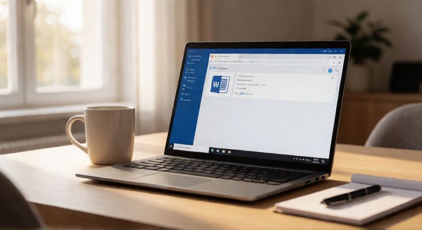 como descargar word gratis para pc, Portátil con la interfaz de Word en la web abierta en el navegador sobre un escritorio de oficina