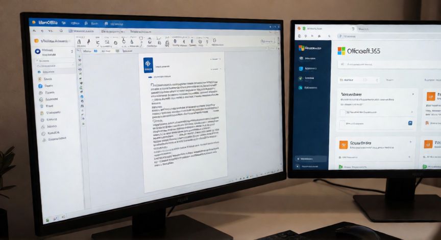 como descargar word gratis para pc, Monitor con LibreOffice Writer y página de Microsoft 365 en una segunda pantalla en un escritorio de oficina