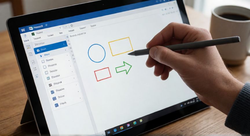 como dibujar en word, Persona dibujando formas en Microsoft Word con lápiz digital sobre una Surface