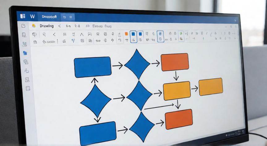 como dibujar en word, Diagrama de flujo con formas de colores creado en la herramienta de dibujo de Word