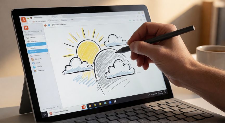 como dibujar powerpoint, Persona dibujando con stylus en PowerPoint sobre pantalla táctil de Surface