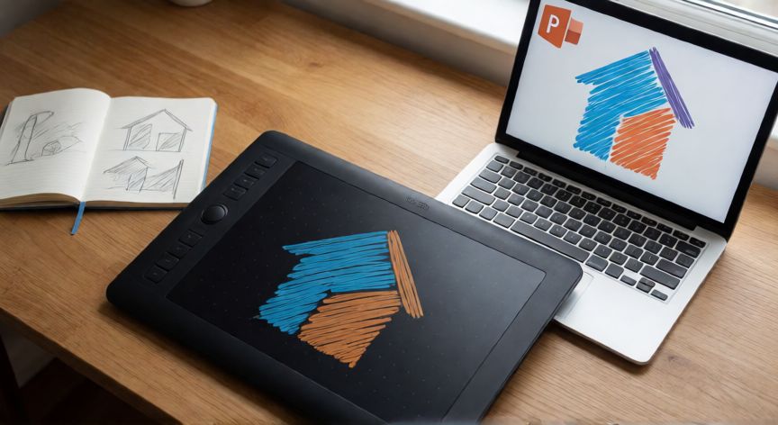 como dibujar powerpoint, Tablet gráfica Wacom con trazos de una casa junto a portátil con PowerPoint abierto