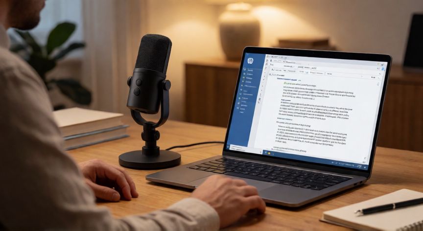 como dictar en word, Persona dictando un documento en Microsoft Word usando un micrófono de escritorio