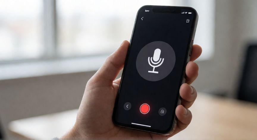 como dictar en word, Smartphone con la función de dictado por voz activa mostrando el micrófono en grabación