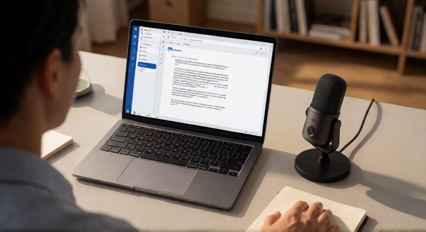 cómo dictar en word y que se escriba solo, Persona dictando texto en Word con micrófono USB conectado al portátil