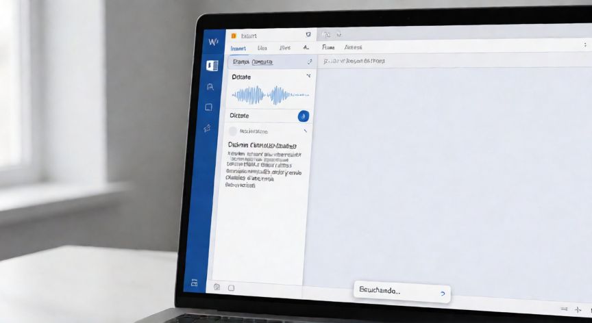 cómo dictar en word y que se escriba solo, Pantalla de Word mostrando el panel de dictado activo con transcripción en vivo