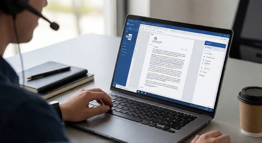 como dictar word, Persona dictando un texto en Microsoft Word usando micrófono de diadema