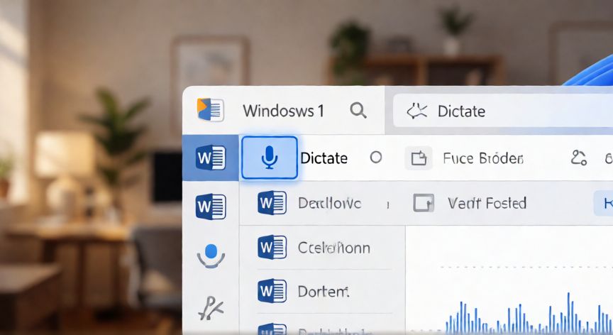 como dictar word, Pantalla de Word mostrando el botón de Dictar activo con indicación de grabación de voz