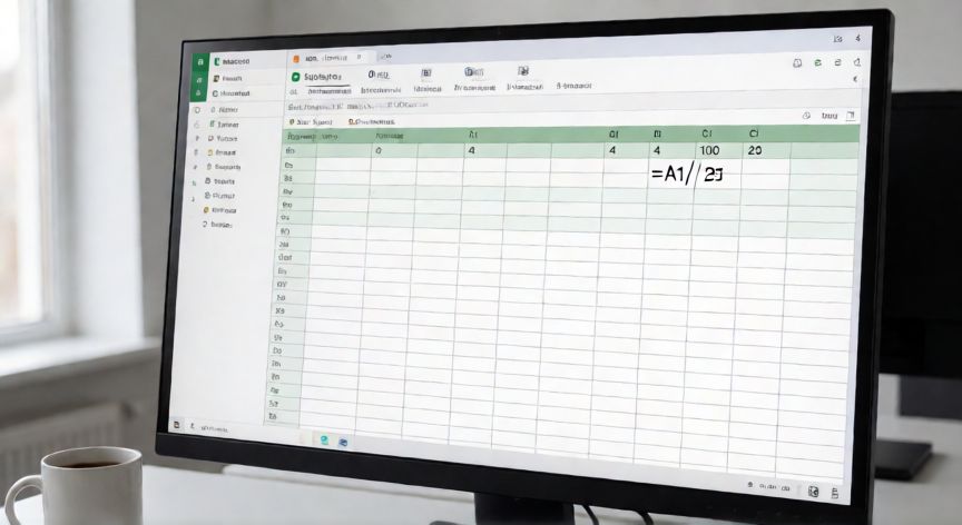 como dividir en excel, Hojilla de Excel con fórmula de división =A1/B1 mostrando el resultado