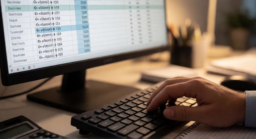 como dividir en excel, Manos escribiendo fórmulas de división en una hoja de cálculo Excel