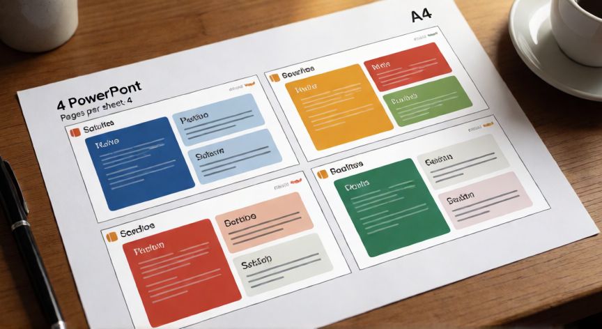 como dividir powerpoint en 4 partes, Hoja impresa con 4 diapositivas de PowerPoint en formato cuadrícula 2x2