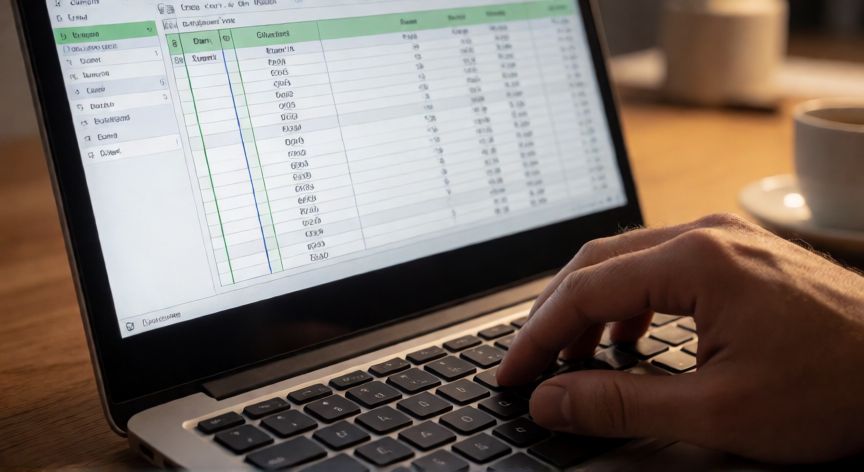 como dividir una celda en 2 excel, Manos trabajando en Excel con dos columnas adyacentes que simulan una celda dividida en dos