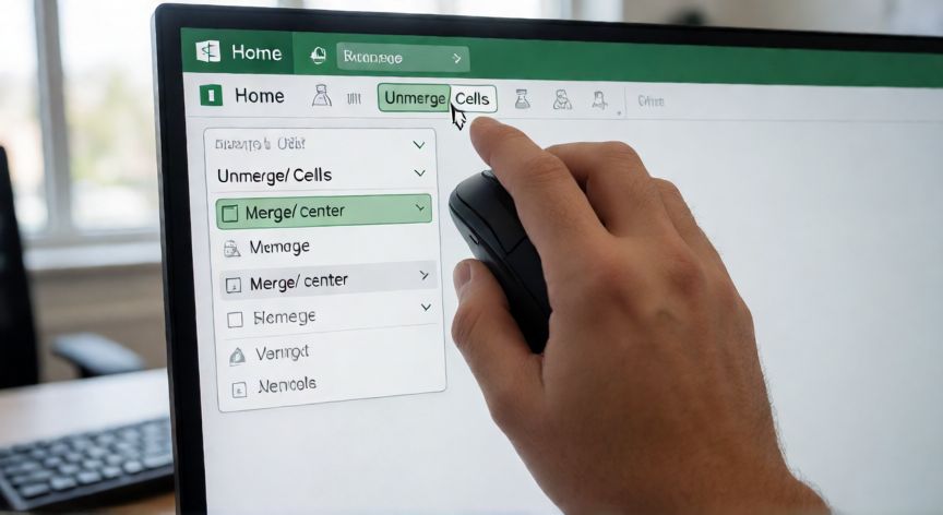 como dividir una celda en 3 excel, Interfaz de Excel mostrando el menú Descombinar celdas en la pestaña Inicio