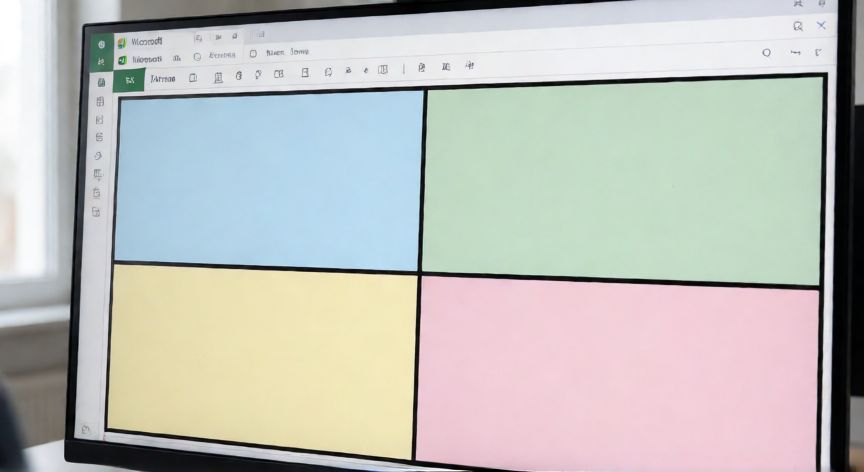 Hojas de cálculo de Excel mostrando una retícula 2x2 con bordes gruesos dividiendo la zona en cuatro cuadrantes de colores