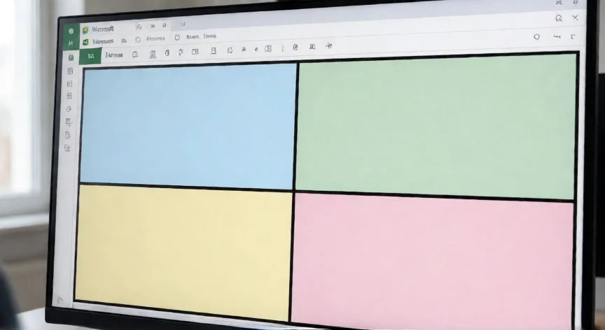 Hojas de cálculo de Excel mostrando una retícula 2x2 con bordes gruesos dividiendo la zona en cuatro cuadrantes de colores