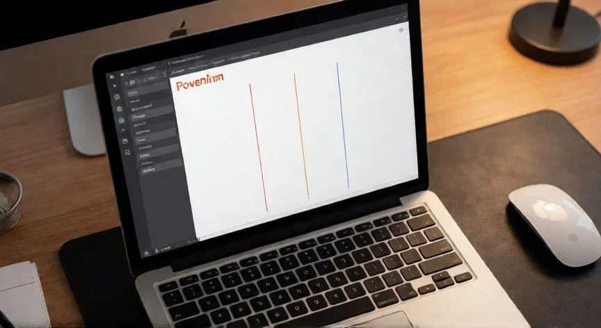 como dividir una diapositiva de powerpoint en 3 partes iguales, Mesa de trabajo con portátil mostrando una diapositiva dividida en tres partes con líneas divisorias