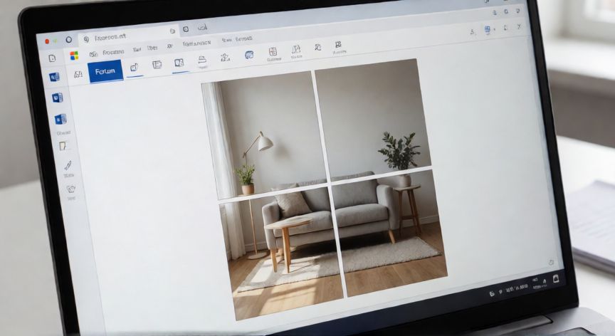 como dividir una imagen en word en 4 partes iguales, Imagen en Word dividida en 4 partes iguales usando tabla 2x2 y herramienta recortar
