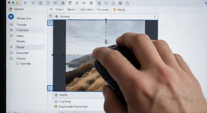 como dividir una imagen en word en 4 partes iguales, Manos recortando un cuadrante de imagen en Microsoft Word con la herramienta Crop