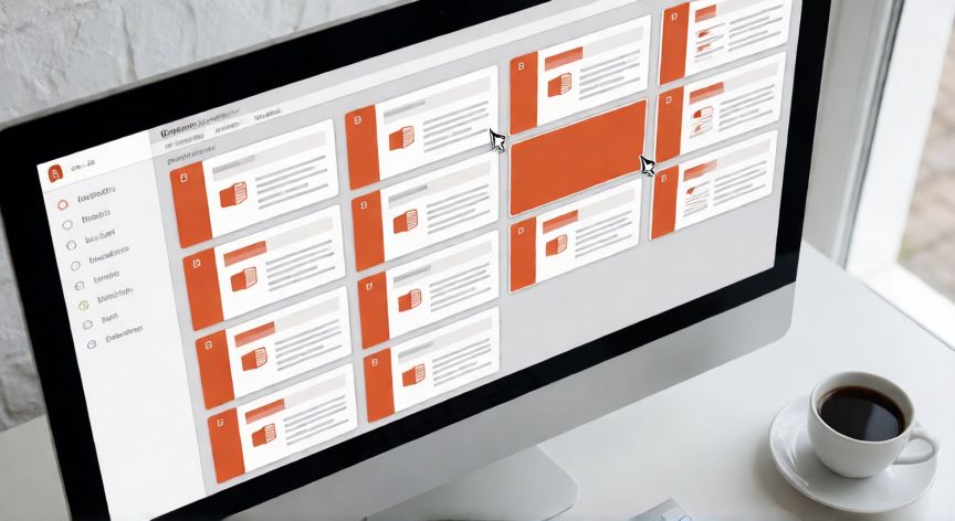como duplicar en powerpoint, Vista general de PowerPoint en modo diapositivas con una miniatura siendo arrastrada para duplicar
