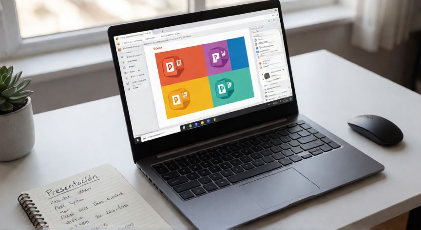 como editar en powerpoint, Mesa de trabajo con portátil abierto mostrando PowerPoint en edición con notas al lado