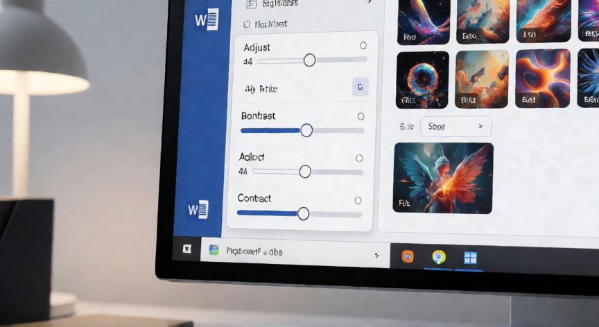 como editar en word una imagen, Interfaz de Word mostrando el grupo Ajustar con deslizadores de brillo, contraste y galería de efectos artísticos