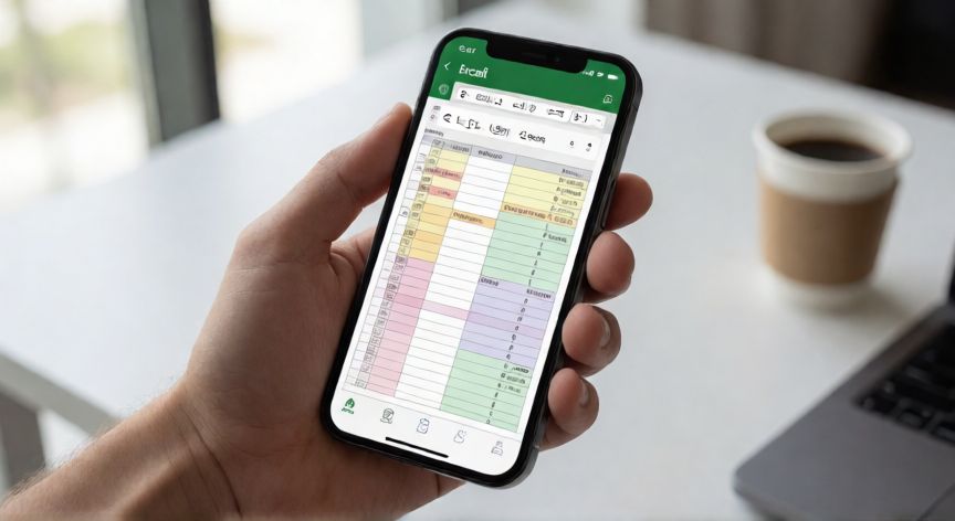 Persona editando una hoja de cálculo de Excel en un iPhone en modo horizontal