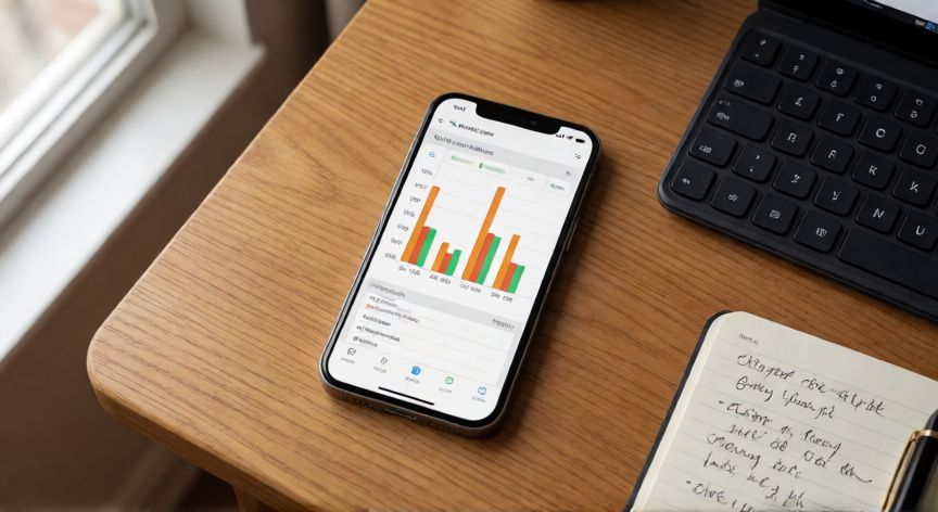 como editar excel en iphone, iPhone con teclado Bluetooth sobre un escritorio para editar hojas de cálculo