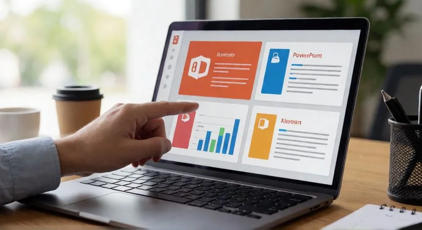 como editar powerpoint, Person editing a PowerPoint presentation on a laptop in a modern office