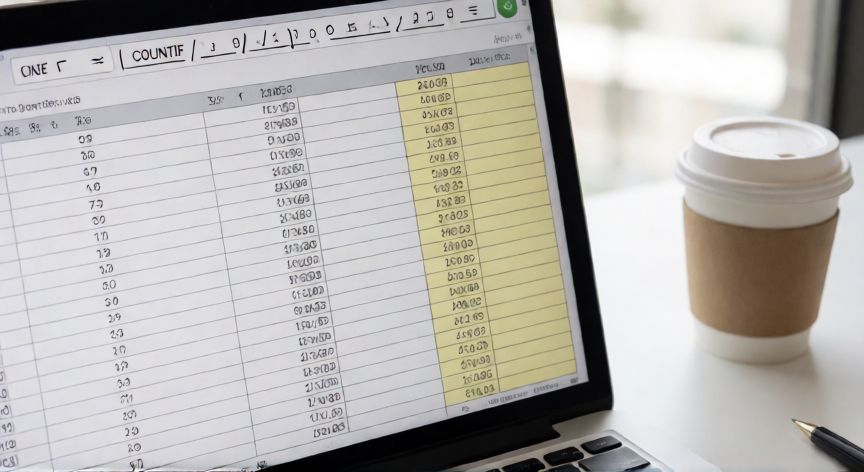 como eliminar celdas en excel repetidas, Hoja de cálculo con filas duplicadas resaltadas en amarillo y fórmula CONTAR.SI visible