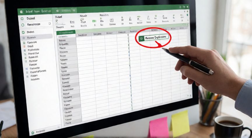 como eliminar en excel duplicados, Pantalla de Excel con el botón Quitar duplicados resaltado en la pestaña Datos